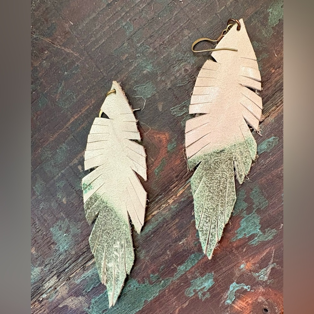 Handmade leather Feather earrings beautiful patina